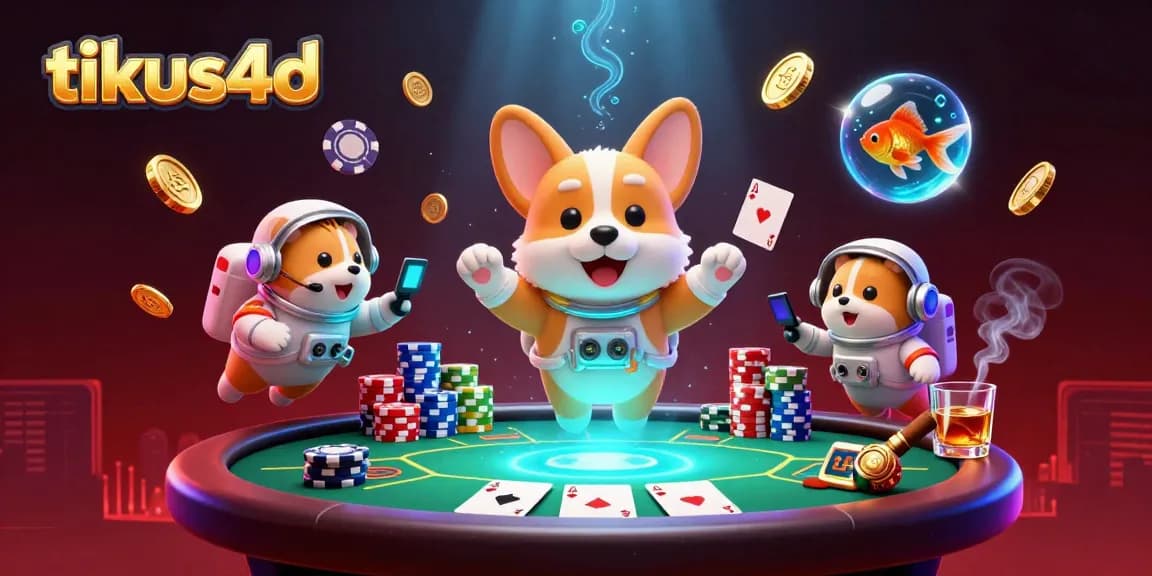 Tikus4D menghadirkan corgi astronot bercanda di kasino luar angkasa dengan chip poker dan koin emas, cocok untuk para pemain togel.