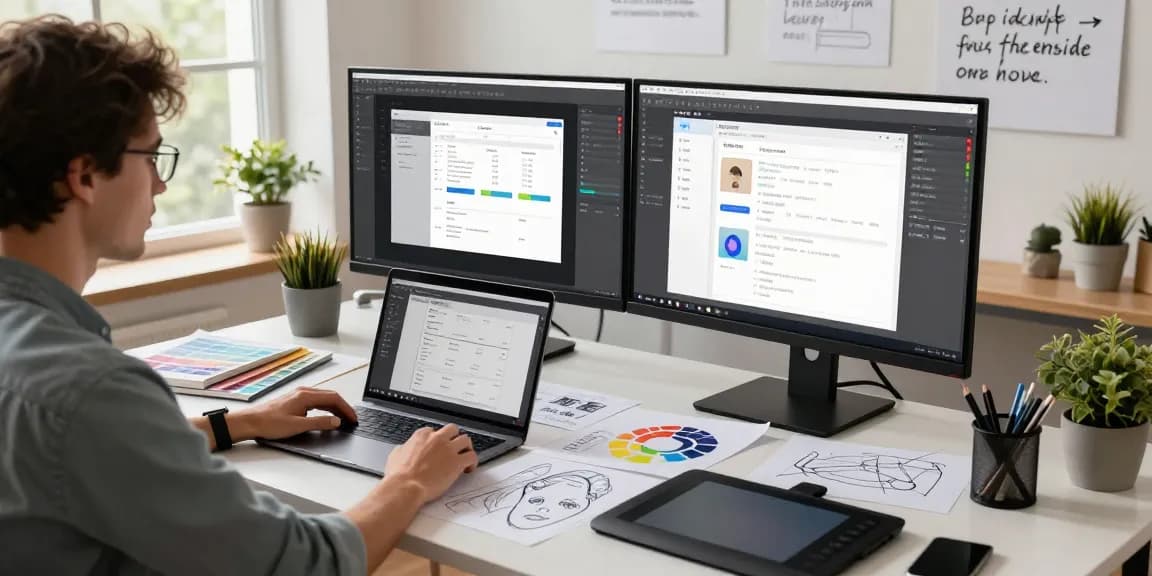 Designer using 截图工具 Snipaste at a modern tech workspace with dual monitors and design tools.