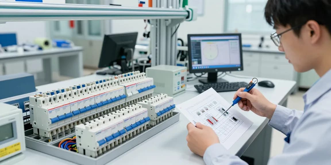 Technician analyzing a miniature circuit breaker in a modern electrical lab, showcasing safety and precision.