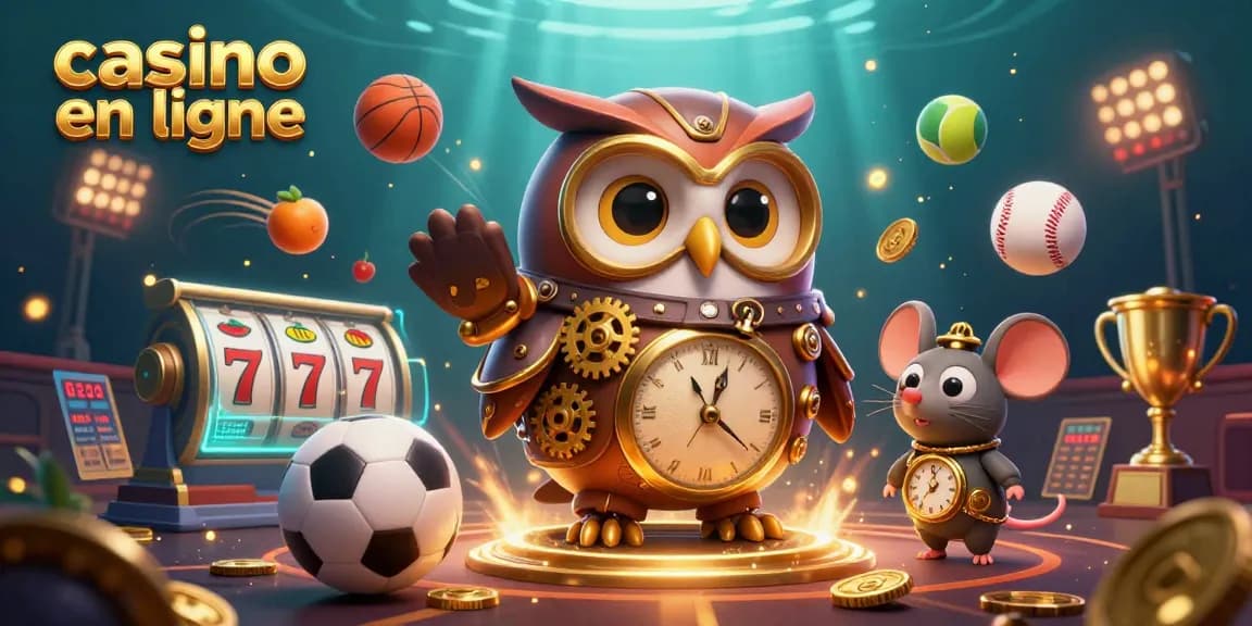 Plongez dans l'univers du casino en ligne avec une illustration d'une chouette aventurière et des éléments de jeux captivants.