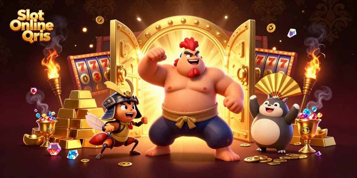 Engage with Slot Online Qris featuring unique characters and dynamic casino elements in a vibrant illustration.
