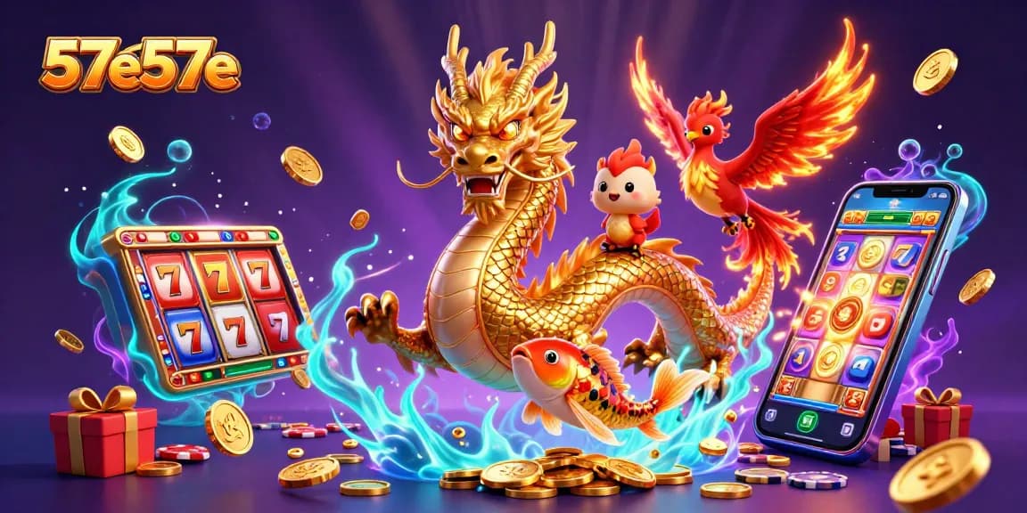 Spin the reels with 57e57e, showcasing a vibrant dragon, phoenix, and lucky koi fish in action