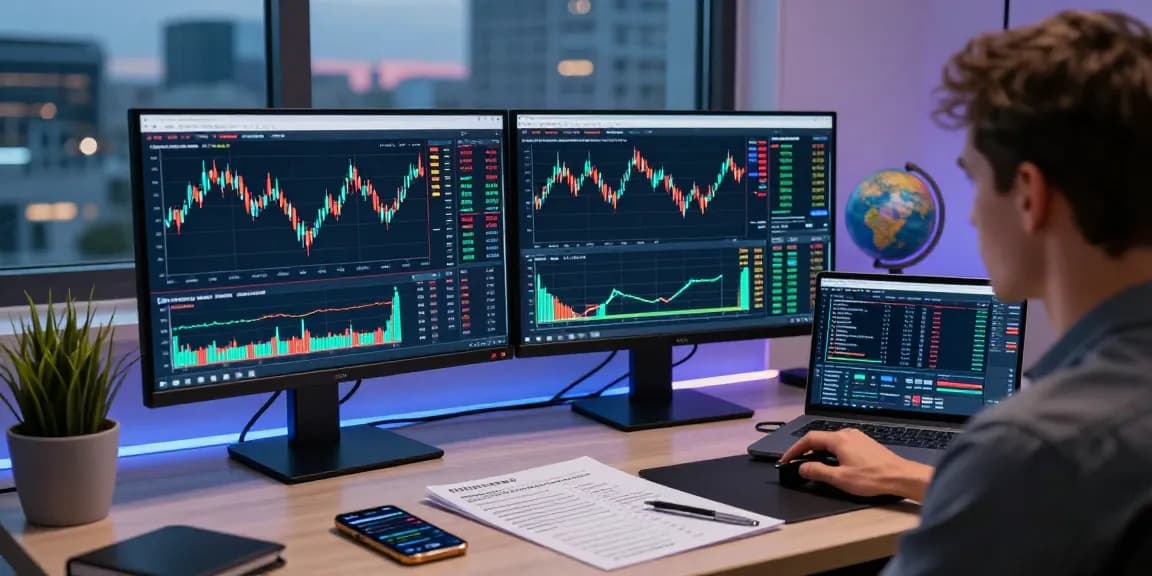 Dynamic trader using mt5 on dual screens with market analysis tools in a modern office.