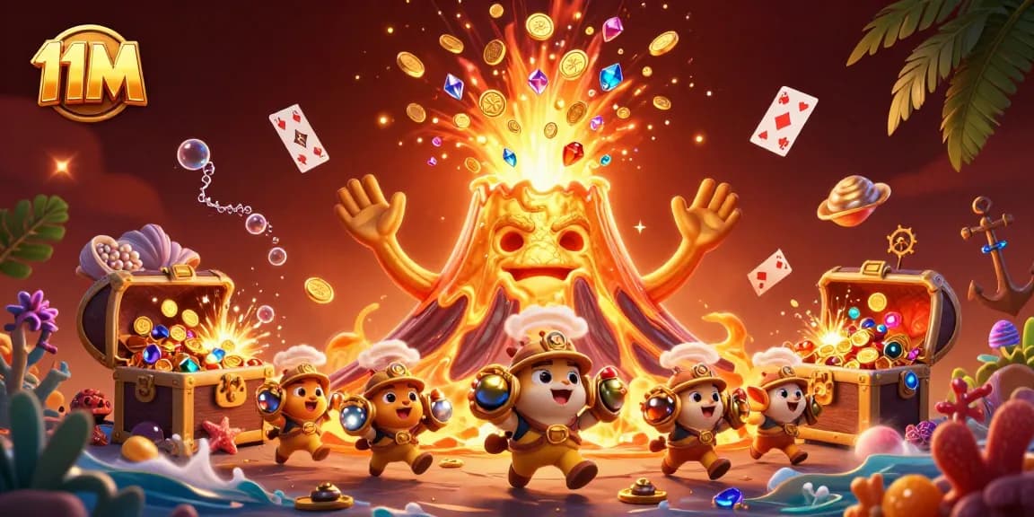 Engage with stunning 3D art showcasing 11M theme, erupting treasures, and playful characters.