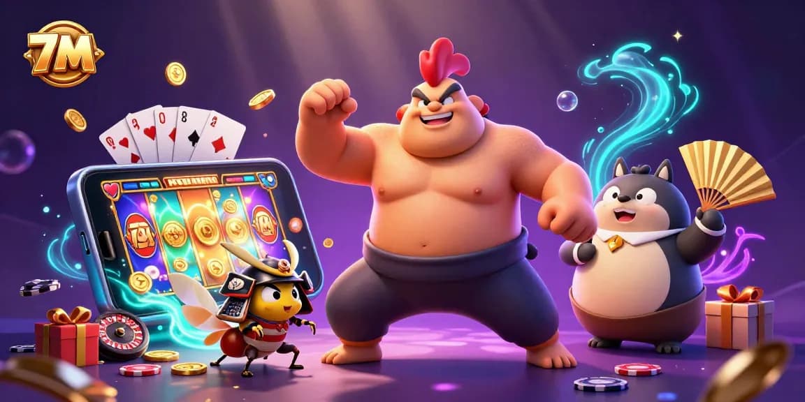 Experience exciting gameplay with 7M themed slot game art featuring powerful characters and dazzling casino elements.