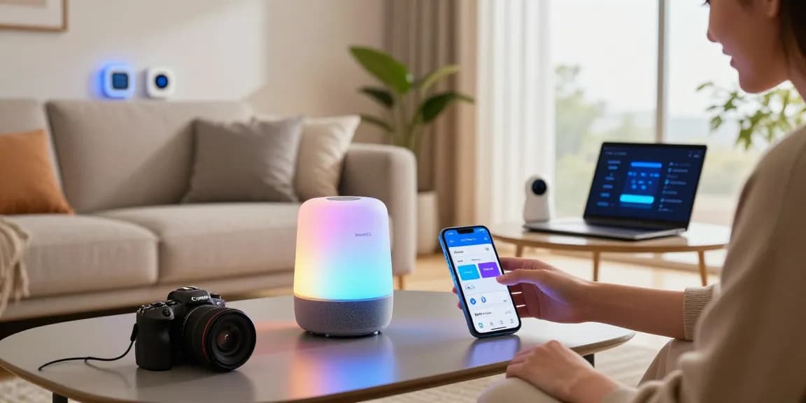 Homey Pro 2026 Test in a modern living room with smart devices.