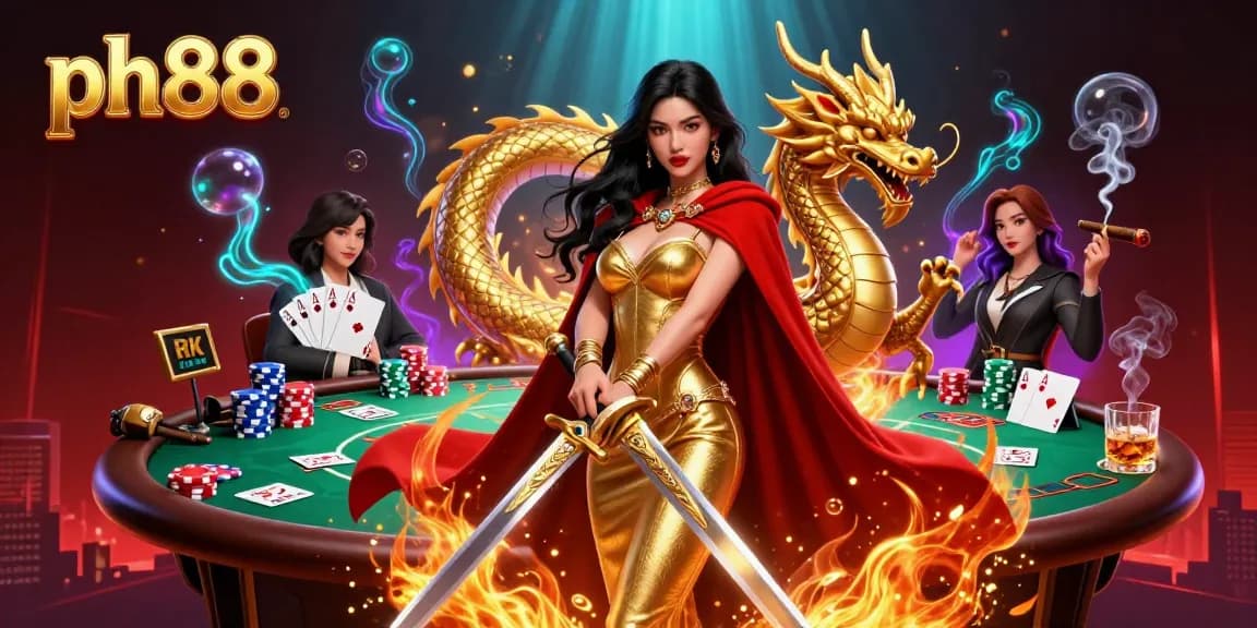 Engage with ph88 for thrilling online casino experiences with a beautiful warrior queen amid vibrant poker elements.