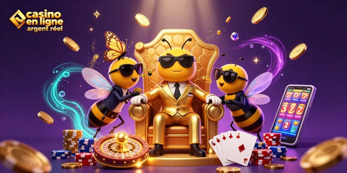Vivez l'expérience du casino en ligne argent réel avec un patron abeille et ses gardes dans un décor riche.