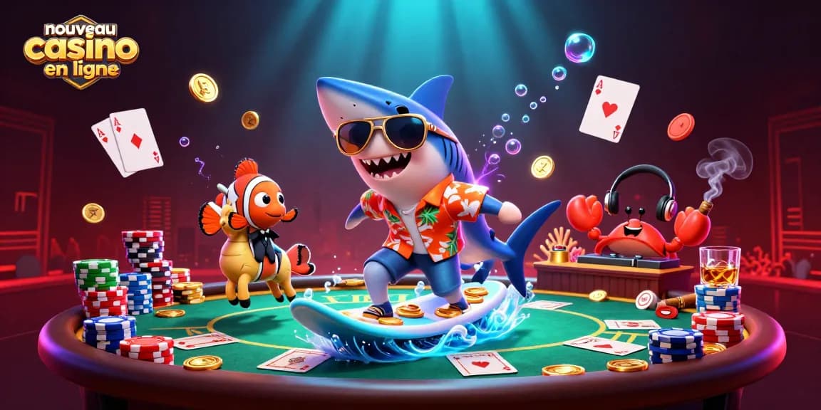 Expérimentez le nouveau casino en ligne avec un requin joueur sur une vaguer de pièces d'or.