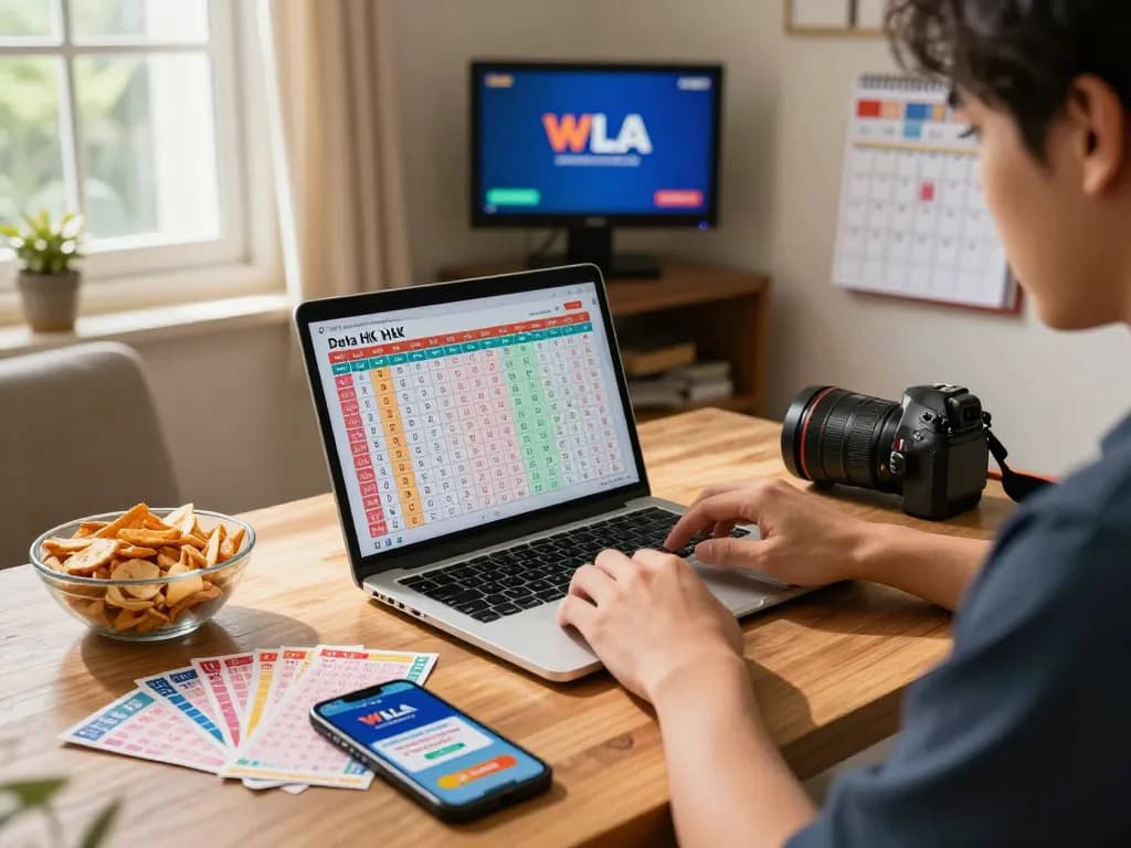 Enthusiast following Data HK results for Togel Hongkong in a cozy living room.