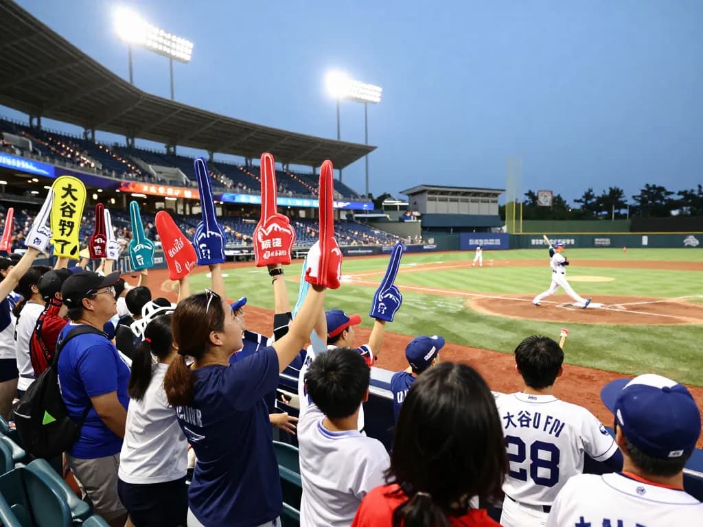 興奮と明るいバナーで満たされた活気ある野球スタジアムで情熱的に大谷翔平 応援をするファンたち。