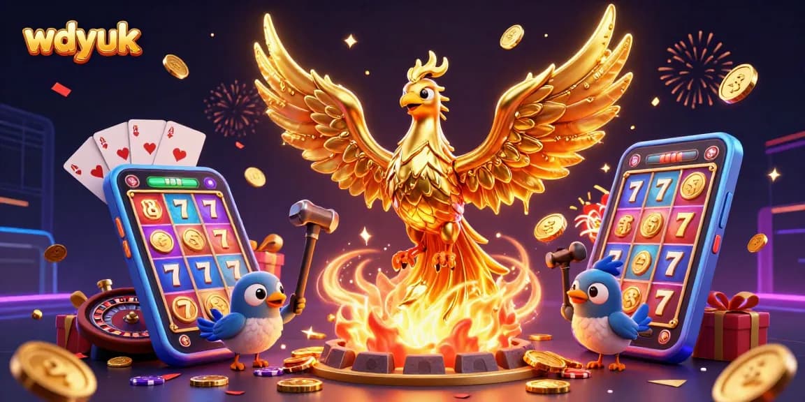 Spin your luck with WDYUK in this vibrant illustration featuring a golden phoenix and dynamic casino elements.