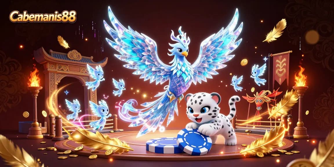 Engage in thrilling gameplay at Cabemanis88 with an ice phoenix and vibrant gaming elements.