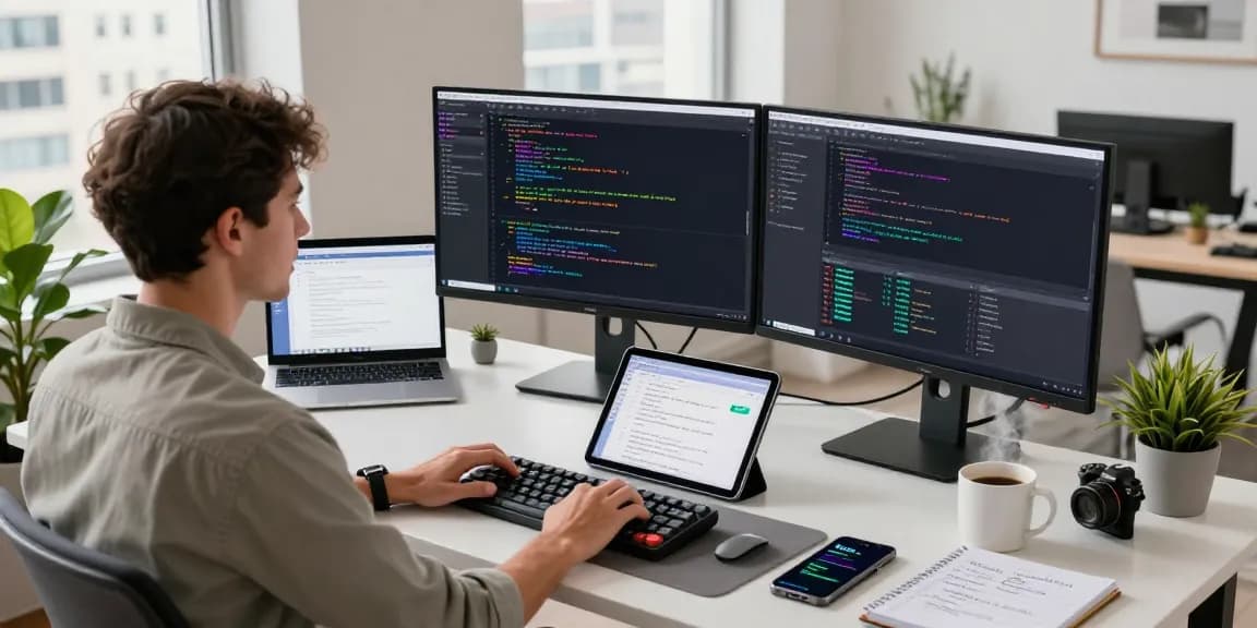OpenClaw developer coding in a modern workspace with dual monitors, showcasing vibrant programming environment and personal AI integration elements.