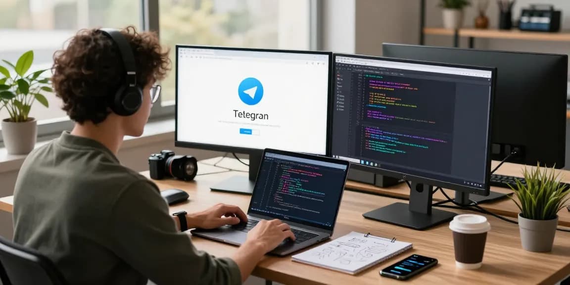 telegramin-cn.com showcasing tech development workspace with a developer coding on Telegram interface.