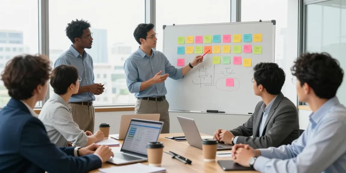 Besprechung mit schwieriger Führungskraft, Team diskutiert Strategien und Lösungen.