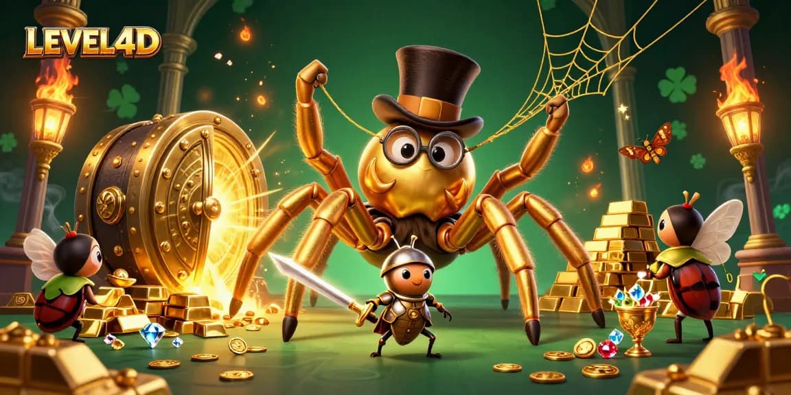 LEVEL4D menyajikan suasana permainan togel online dengan tarantula emas dan ksatria kecil yang berani.