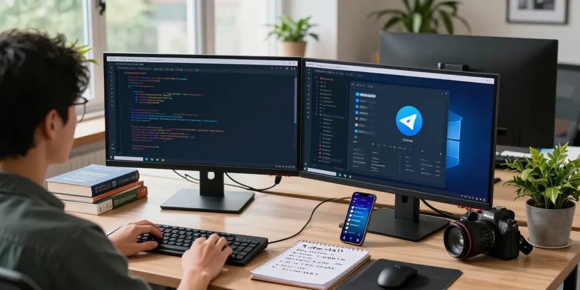 Engaging workspace setup showing Telegram Chinese interface on screens, showcasing tech productivity.