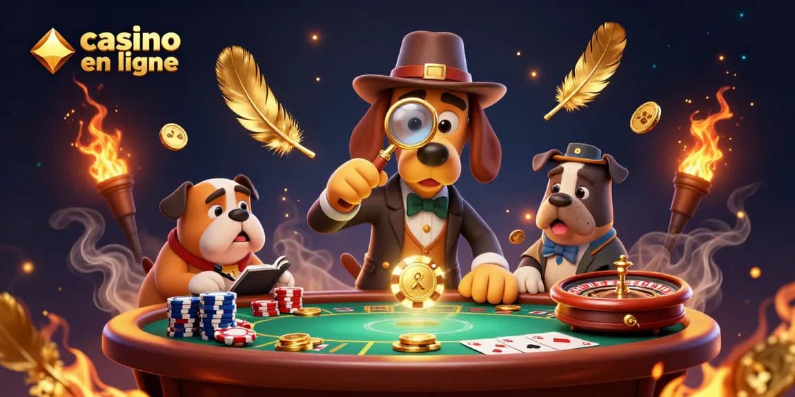 Jouer à des jeux de casino en ligne avec un détective cartoon et son compagnon, examinant les indices pour de gros gains.