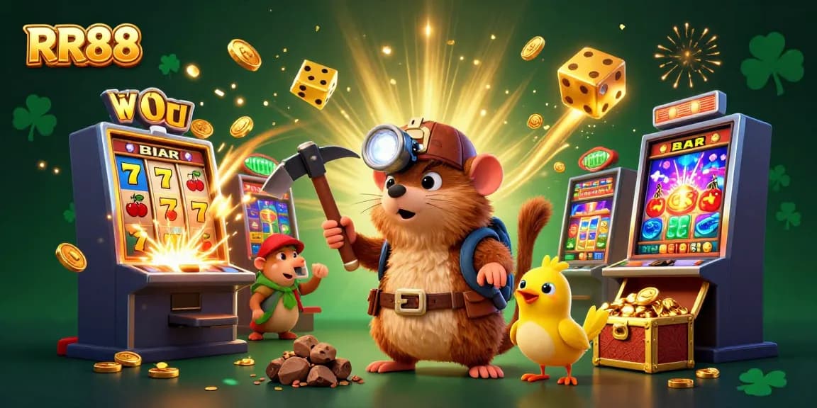 Experience the thrill of RR88 with a treasure hunter diving into a vibrant casino scene.