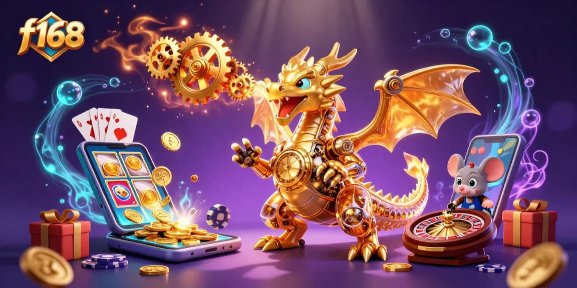 Winning slots action with f168; golden dragon and tiny engineer amidst vibrant casino elements
