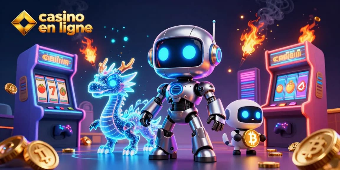 Jouer au casino en ligne avec un robot futuriste et des machines à sous colorées animées.