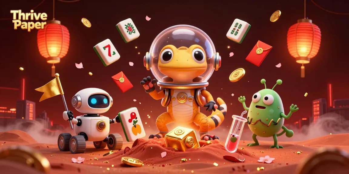 Thrive Paper highlights a Martian gecko celebrating wins with casino treasures in a vibrant illustration.