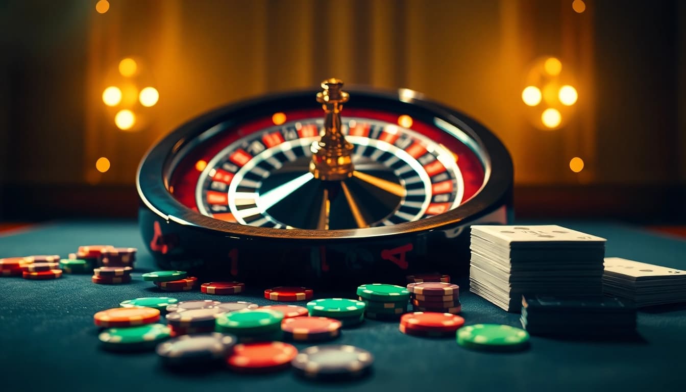 Best payout online casino Uk highlighted with roulette wheel and colorful casino chips.