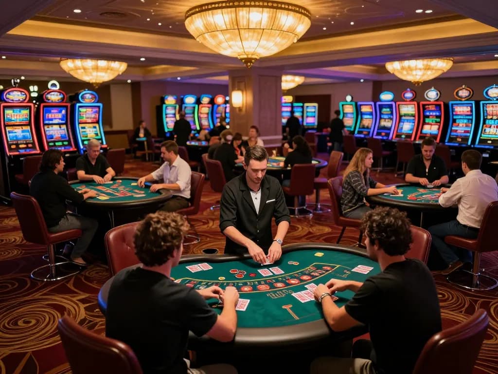 Players strategizing at Sunwin's luxurious casino games, vibrant atmosphere and engaging gameplay.