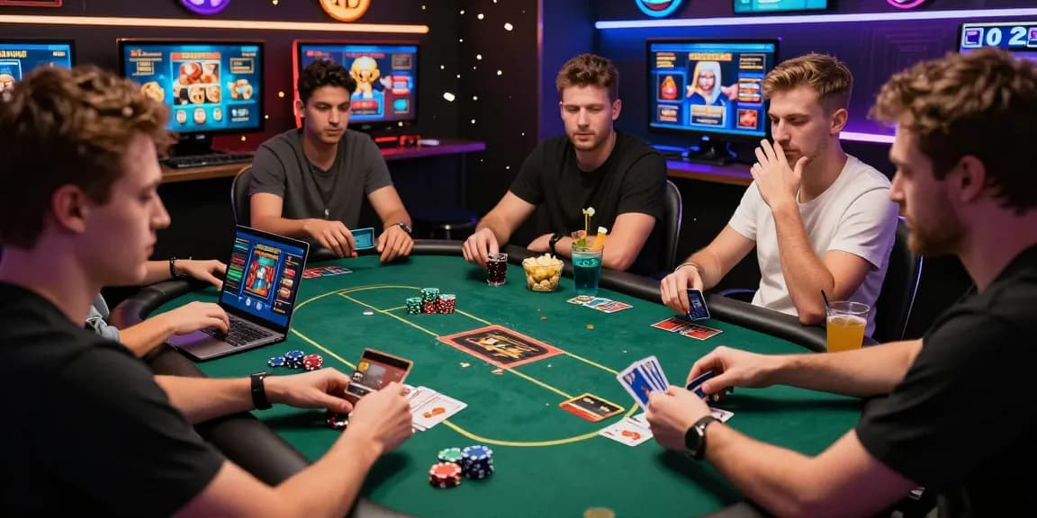 Engaging scene showcasing players at credit card casinos UK, celebrating wins at a virtual poker table with vibrant graphics and drinks.