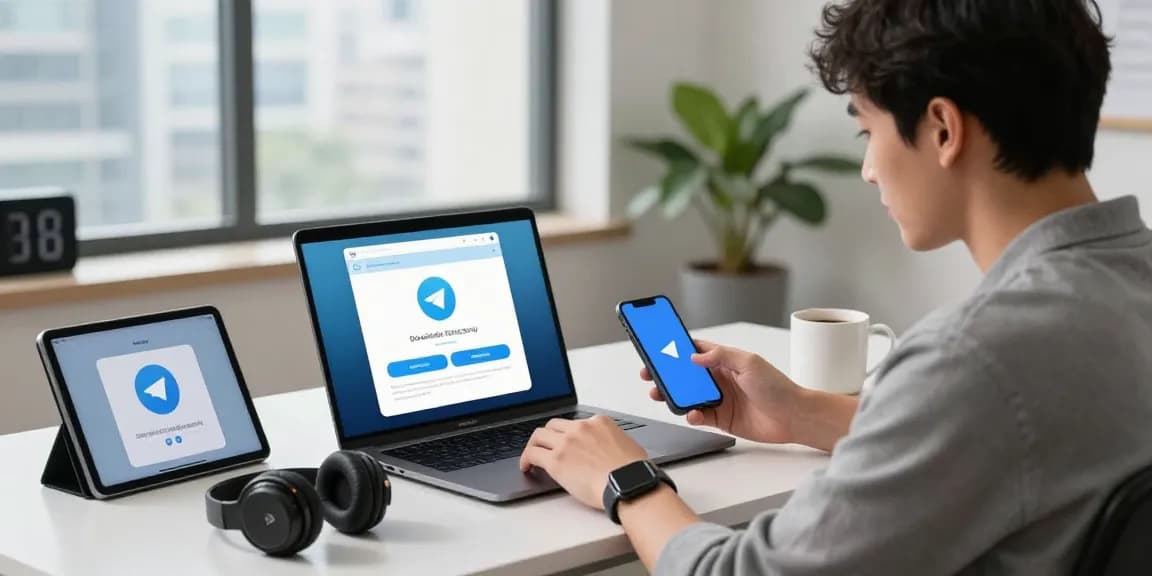 Engaging tech workspace featuring a user downloading Telegram with devices and modern decor.