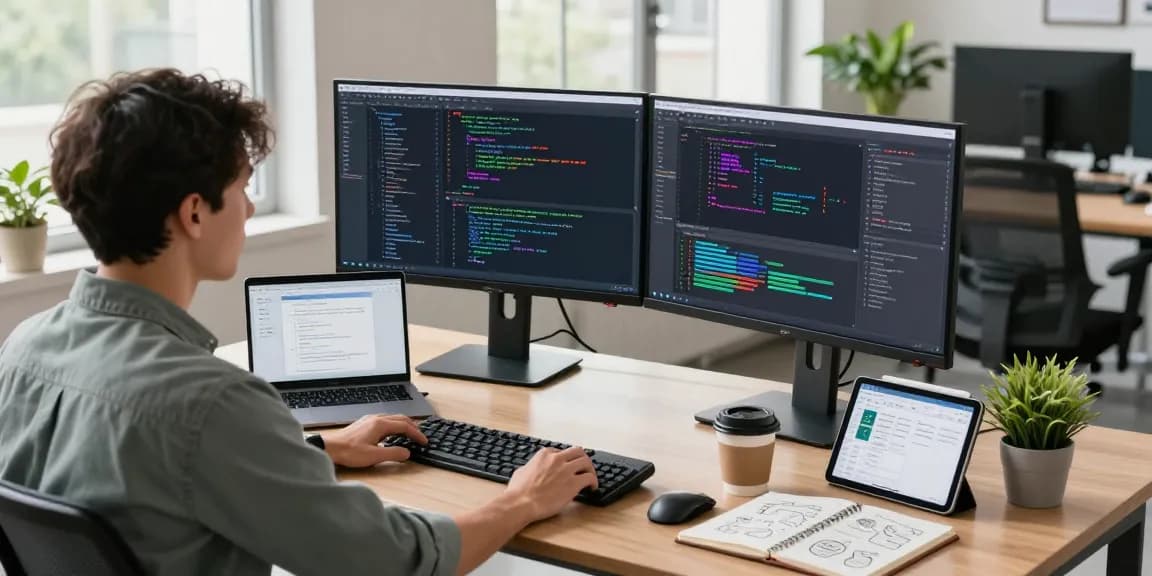 Dynamic rti scheduler software development workspace with dual monitors and creative elements.