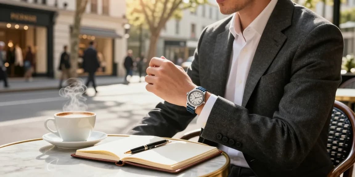 Showcase of elegant replica watches in sophisticated urban lifestyle setting with latte and designer notebook.