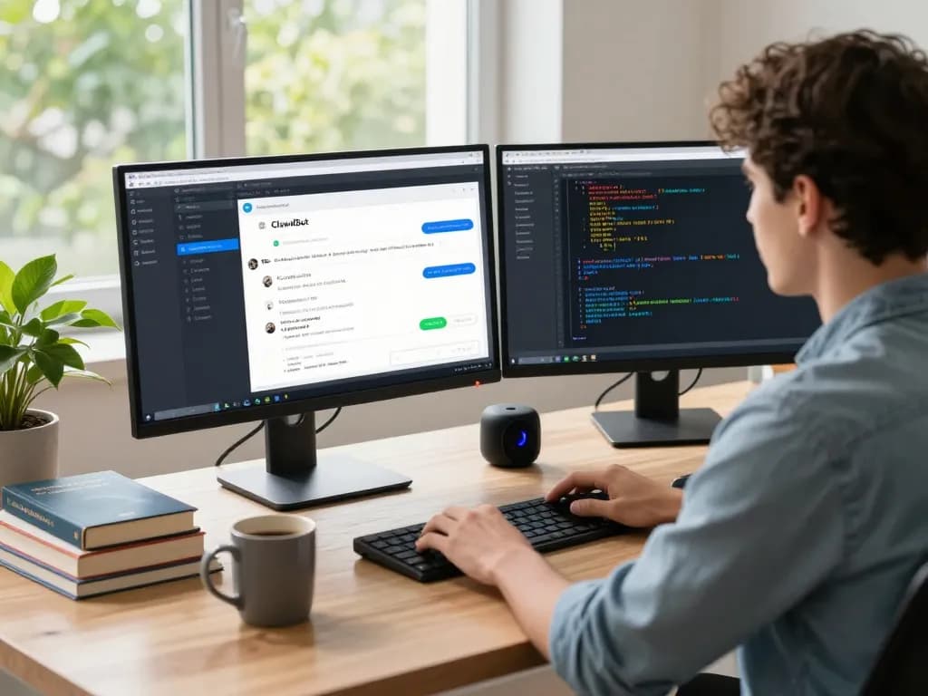 Developer using ClawdBot AI assistant on dual monitors in a modern workspace