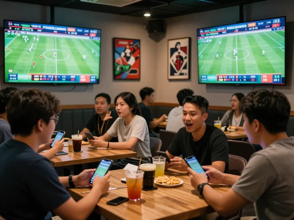 Kèo nhà cái displayed on screens in a lively sports betting lounge with enthusiastic bettors.