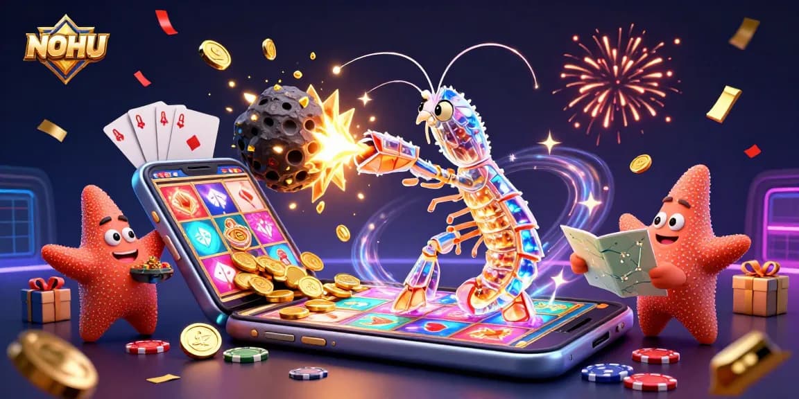 The NOHU gaming scene features a galactic samurai mantis shrimp amidst casino elements like slot games, cards, and coins.