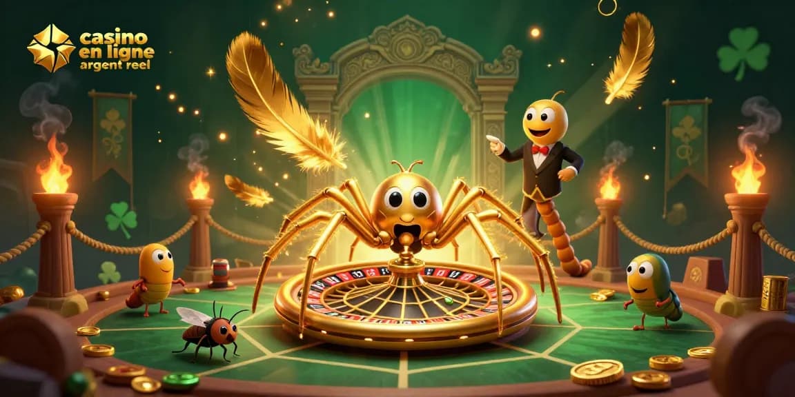 Jouez sur un casino en ligne argent réel avec une araignée dorée et un croupier mille-pattes.