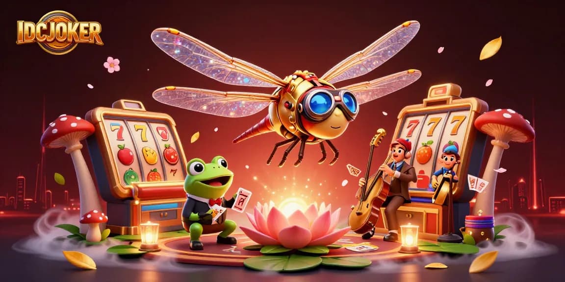 IDCJOKER showcases a vibrant casino scene featuring a dragonfly pilot, frog dealer, and jazzy crickets.