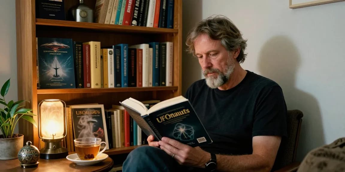 Author at https://tallengreenfield.com reading UFOnauts in a cozy nook, surrounded by spiritual texts.