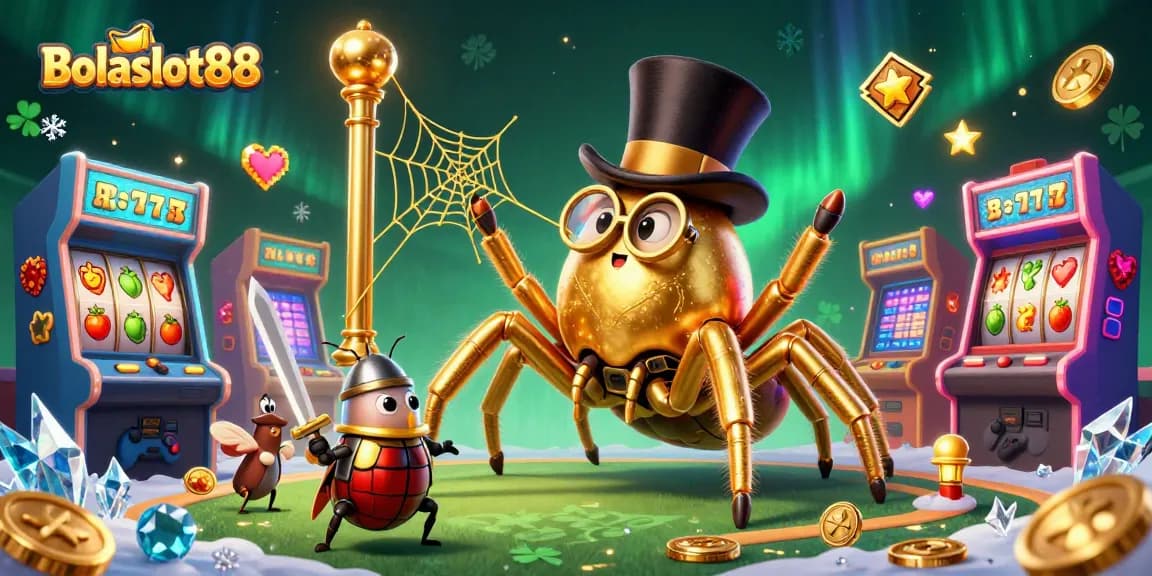 Bolaslot88 brings excitement with a golden tarantula weaving casino magic in this captivating scene.