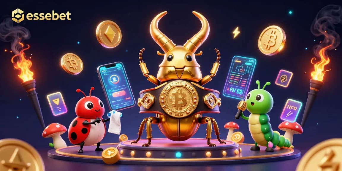 Engage with essebet in this vibrant scene featuring a giant golden stag beetle boxing champion against soaring Bitcoin and Ethereum coins, showcasing online gambling fun.