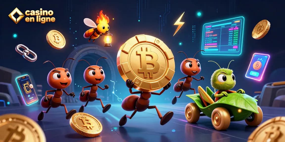 Jouez et gagnez avec le casino en ligne dans cette illustration colorée d'une équipe d'insectes.