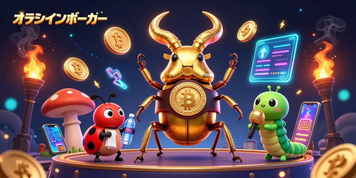 オンラインポーカーを楽しむシーンで、虫たちが競い合う賑やかなイラスト。金色の甲虫が注目の的です。