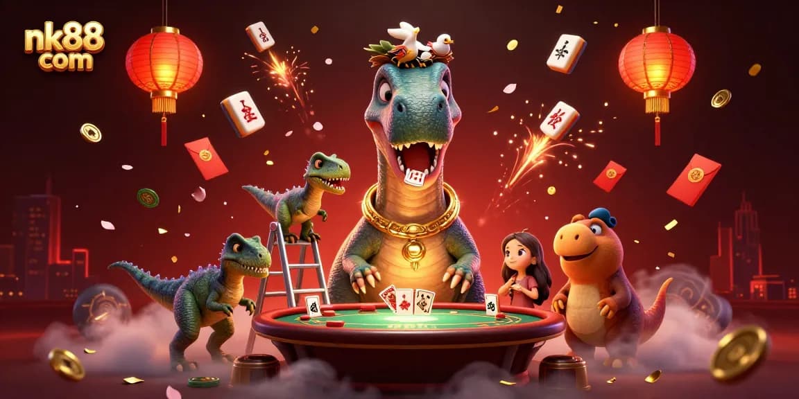 Engage in the excitement of nk88 com with a vibrant casino scene featuring animated dinosaurs and festive elements.
