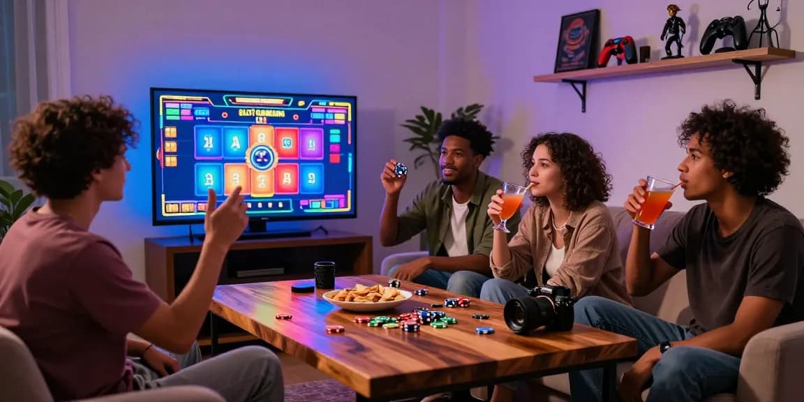 Friends enjoying a lively online gaming night with slot online excitement and snacks in a cozy living room.