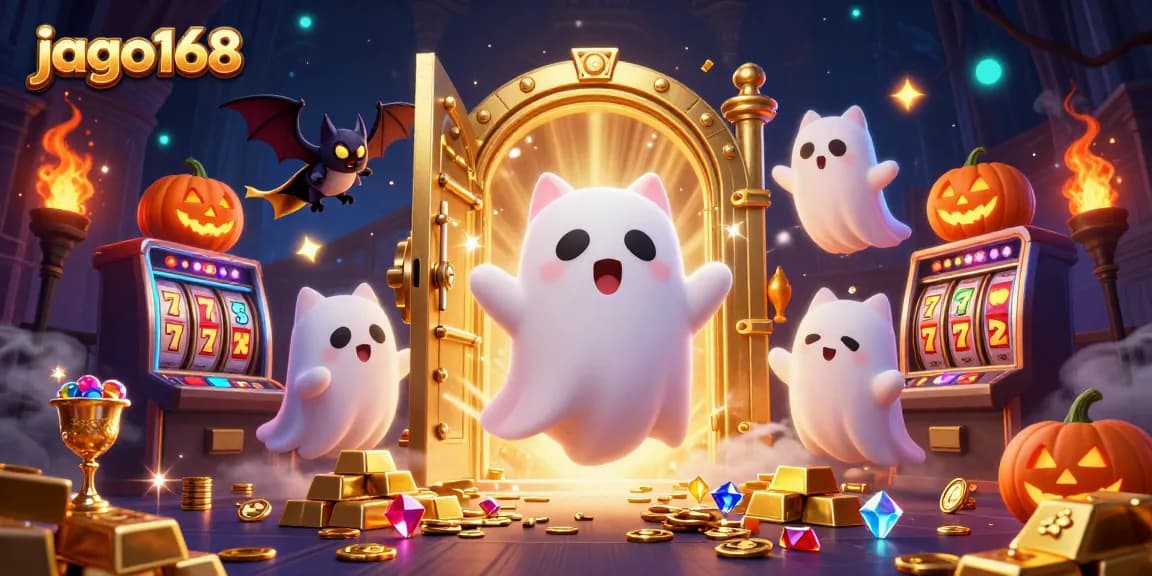 Experience the thrill of jago168 with our haunted casino scene featuring playful ghost cat and treasures.