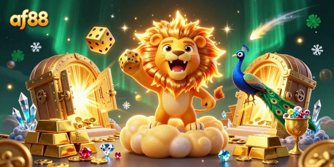 Experience exciting gaming action at af88 with vibrant illustration featuring golden treasures and casino elements.