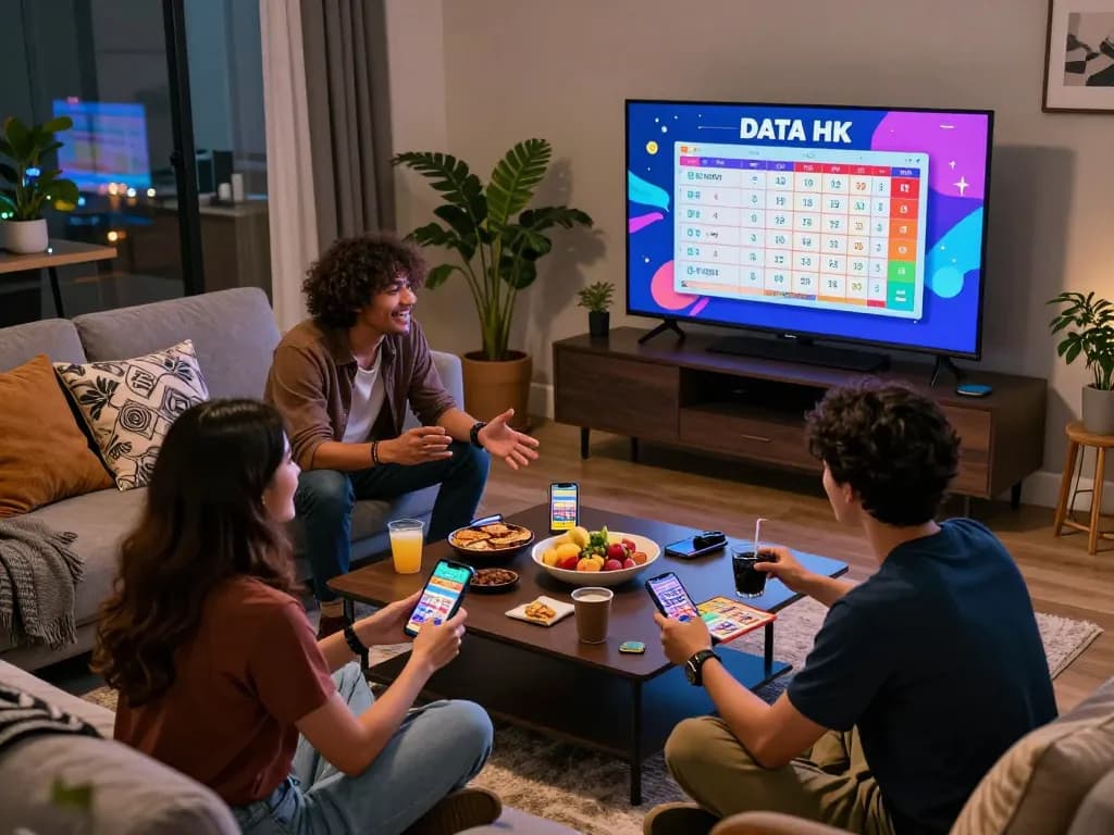 Diverse friends enjoying togel games, displaying Data HK results on screen in a cozy living room.