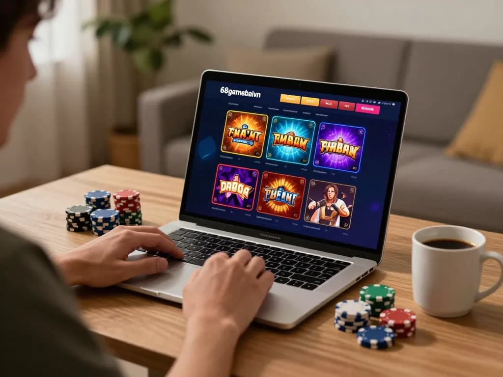 Engaged player exploring 68gamebaivn online casino, vibrant game interface reflected on laptop screen