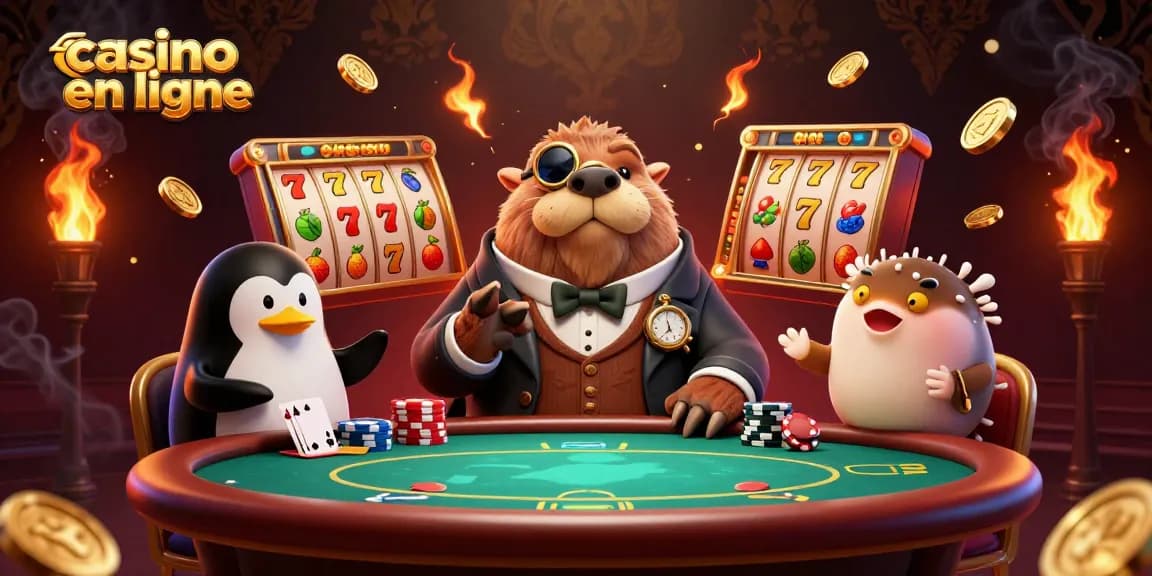 Joignez-vous au plaisir de casino en ligne avec un morse joueur au poker, un dealer pingouin, et un poisson-blennie bluffeur.